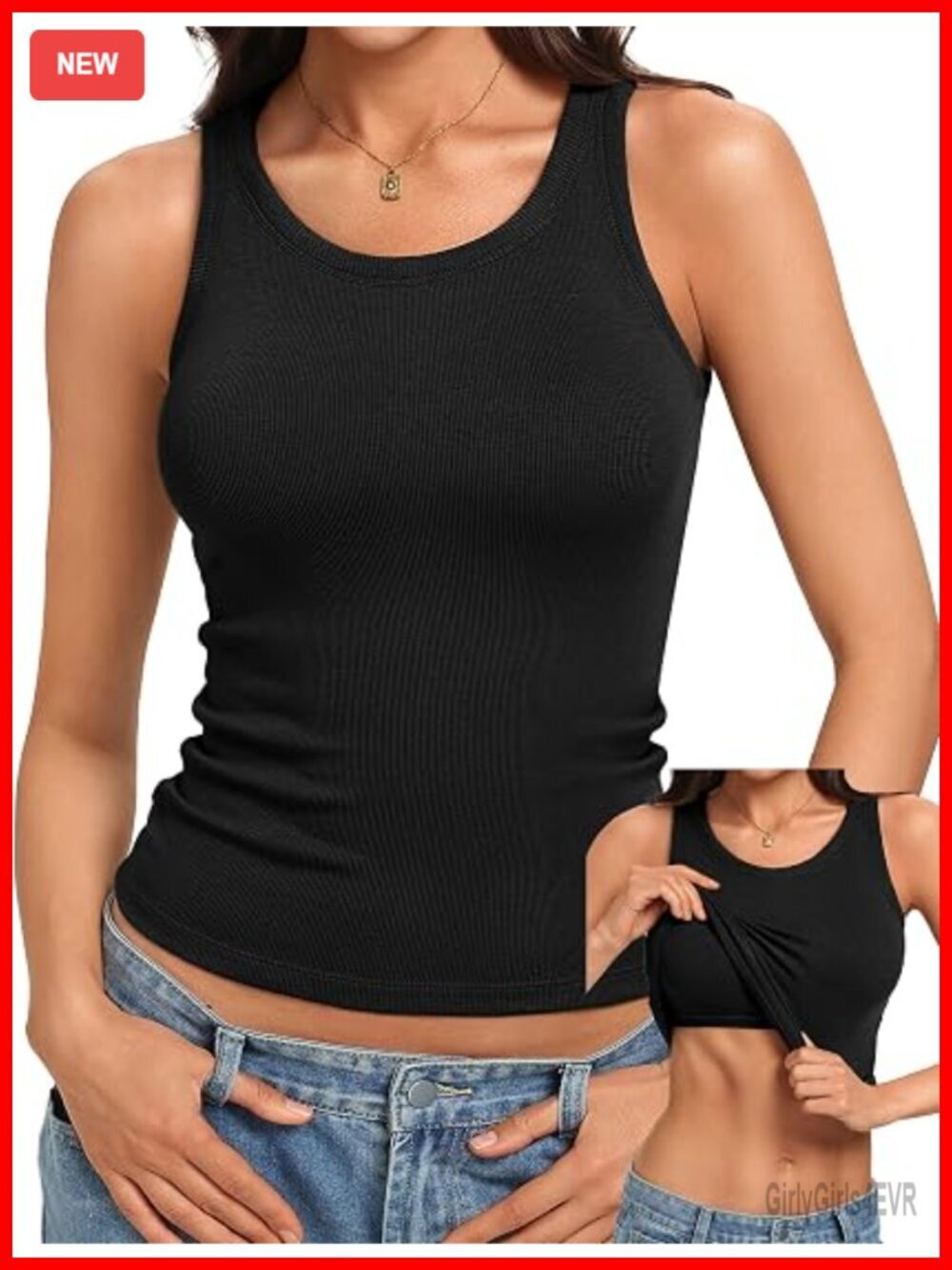 Ribbed Tank Top with Built-in Bra High Neck Racerback Basic Top